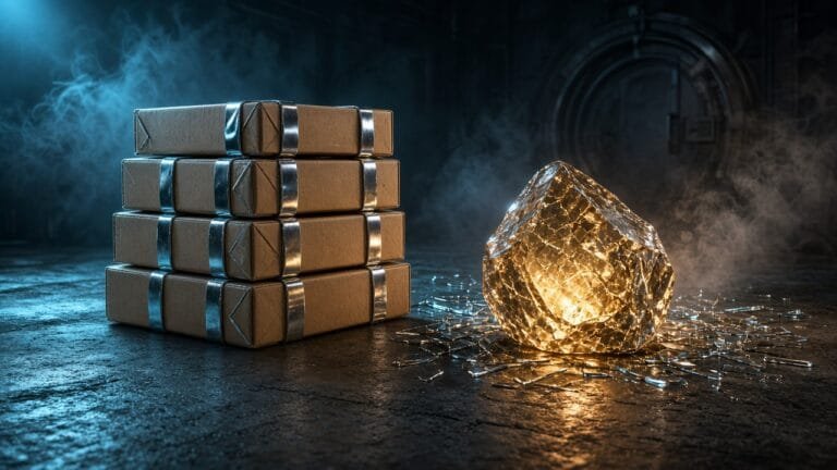 Moody 16:9 RCG comics thumbnail of chrome-strapped comic shipping cartons beside a fractured glass warehouse seal and amber escrow crystal on dark concrete with cyan smoke, no text or logos.