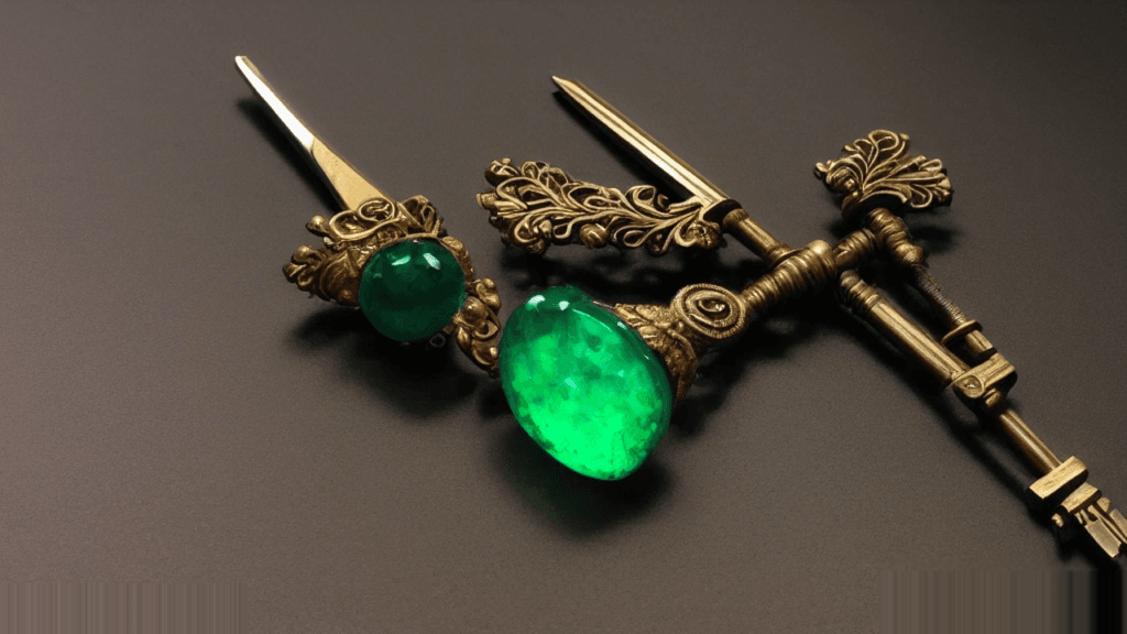 Moody 16:9 RCG comics thumbnail of a chrome longbow with emerald-fletched arrow, gold lockpick and cracked castle key on dark stone under forest-green amber light, no text or logos.