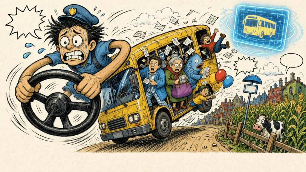 A frazzled cartoon bus driver grips a giant steering wheel as a yellow bus careens through a colorful little town, packed with odd passengers waving tickets and paperwork past a cornfield and a startled cow.