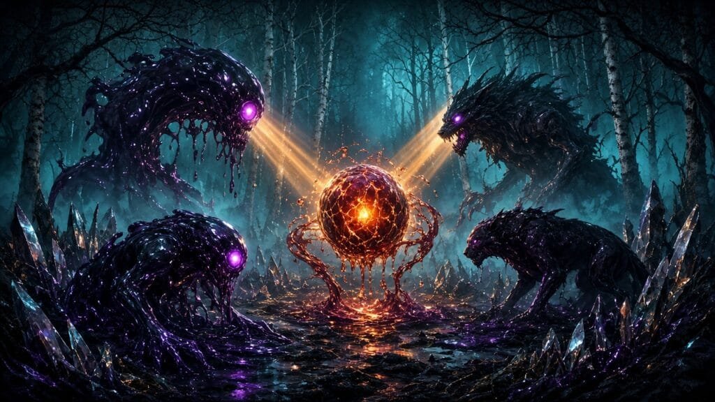 Moody 16:9 RCG gaming thumbnail of glossy slime and beast monster silhouettes circling a glowing meat lure orb over withered forest fog, no text or logos.