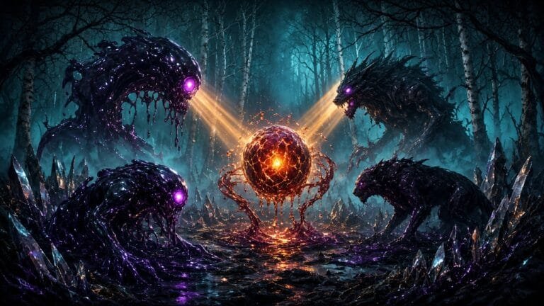 Moody 16:9 RCG gaming thumbnail of glossy slime and beast monster silhouettes circling a glowing meat lure orb over withered forest fog, no text or logos.