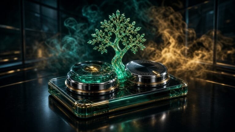 Moody 16:9 RCG gaming thumbnail of a jade-gold world-tree crystal rising from twin chrome Graphics/Performance dials on a glossy Game-Key Card slab with amber teal smoke, no text or logos.