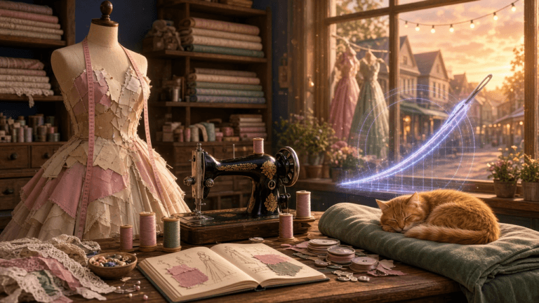 A cozy dress boutique at sunset with a pastel gown on a dress form, a vintage sewing machine, thread spools and a ginger cat asleep on green velvet, as a glowing stitched thread line rises like a climbing graph.