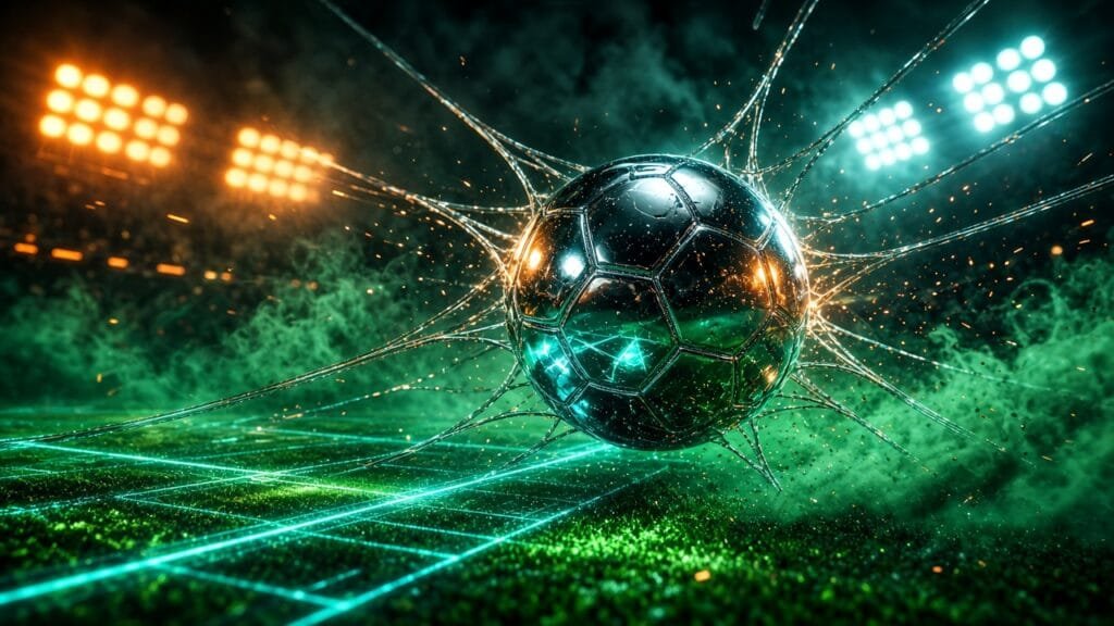 Moody 16:9 RCG gaming thumbnail of a glossy chrome soccer ball exploding through neon stadium floodlights and emerald turf smoke, no text or logos.