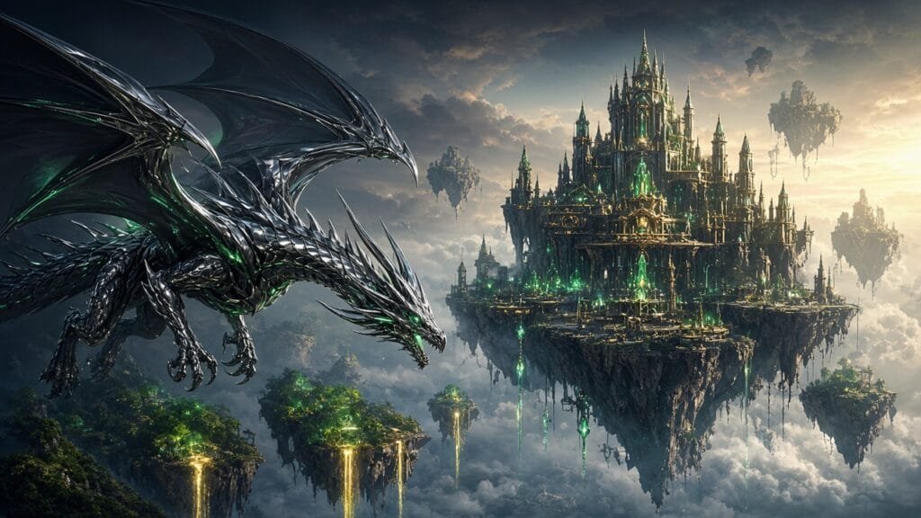 Moody 16:9 RCG gaming thumbnail of a metallic dragon and floating fortress over emerald-gold islands, no text or logos.