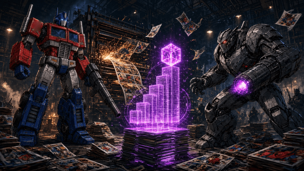 A towering red-and-blue truck robot leader with a rifle faces a hulking grey robot with a glowing purple arm cannon in a comic printing plant, with flying pages, stacks of comics and a hologram of rising comic stacks topped by a pink energy cube.