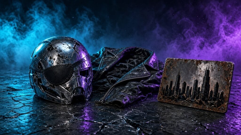 Moody 16:9 RCG comics thumbnail of a chrome combat helmet, battered jacket fragment, and rusted Chicago skyline keycard on cracked asphalt in cyan violet smoke, no text or logos.