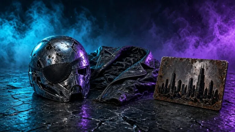 Moody 16:9 RCG comics thumbnail of a chrome combat helmet, battered jacket fragment, and rusted Chicago skyline keycard on cracked asphalt in cyan violet smoke, no text or logos.