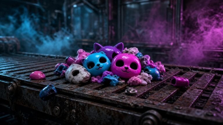 Moody 16:9 RCG gaming thumbnail of tiny glossy toy-animal masks scattered across rusted factory conveyor belts under cyan magenta hazard smoke, no text or logos.