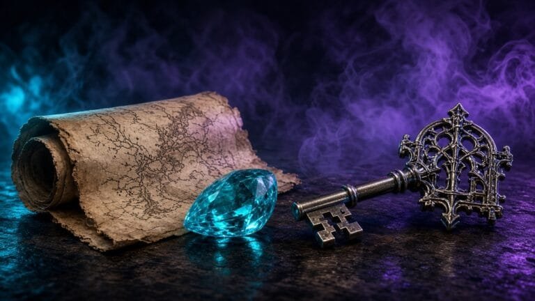 Moody 16:9 RCG gaming thumbnail of a curling parchment map fragment beside a crystalline teal tear gem and ornate temple key on dark wood with cyan violet smoke, no text or logos.