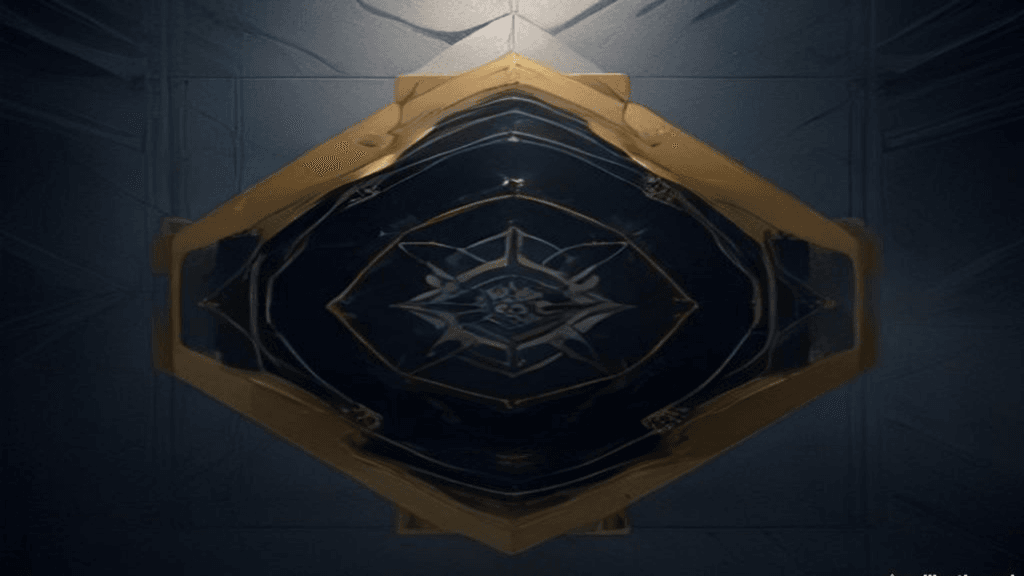 Moody 16:9 RCG gaming thumbnail of intertwined golden fate-threads and a glossy emblem crest over a chess-grid battlefield of chrome and indigo smoke, no text or logos.