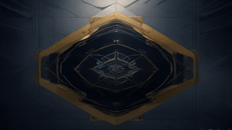 Moody 16:9 RCG gaming thumbnail of intertwined golden fate-threads and a glossy emblem crest over a chess-grid battlefield of chrome and indigo smoke, no text or logos.
