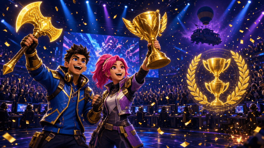 Two cartoon battle-royale champions celebrate on a packed esports arena stage, one raising a golden axe and the other a gold trophy, under blue and purple lights and confetti beside a hologram of a laurel wreath with two stacked trophies.