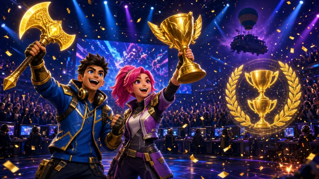 Two cartoon battle-royale champions celebrate on a packed esports arena stage, one raising a golden axe and the other a gold trophy, under blue and purple lights and confetti beside a hologram of a laurel wreath with two stacked trophies.