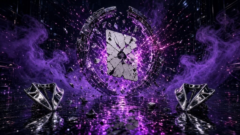 Moody 16:9 RCG comics thumbnail of a cracked kinetic playing card exploding in magenta plasma beside twin chrome lapel pins and a shattered portal ring, no text or logos.