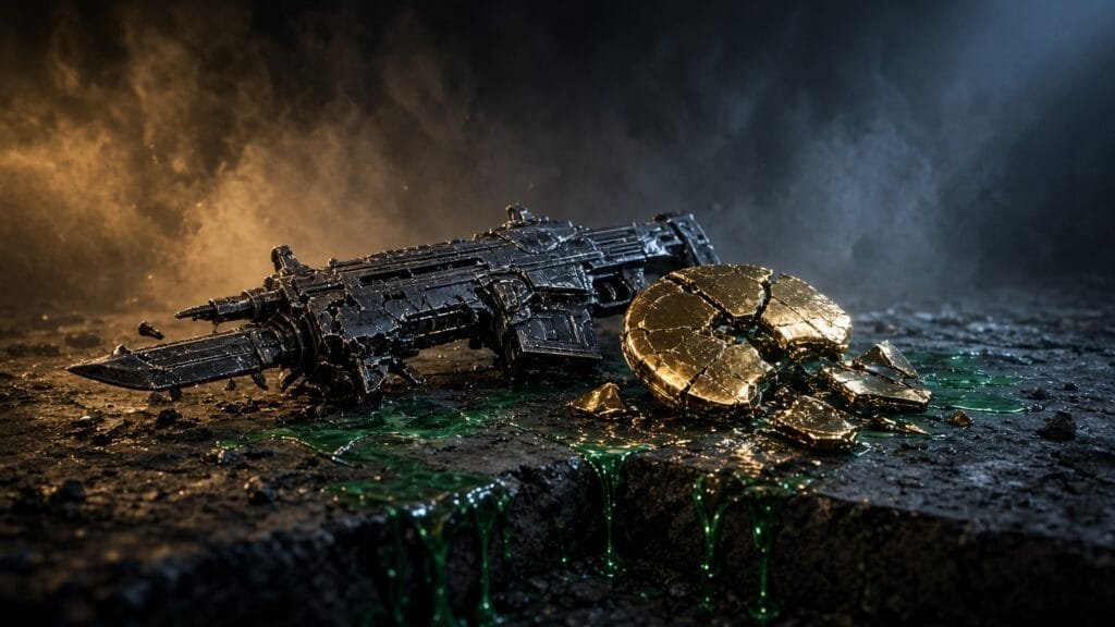 Moody 16:9 RCG gaming thumbnail of a cracked Lancer silhouette and shattered gold disc on scorched concrete with emerald ichor and cyan amber smoke, no text or logos.