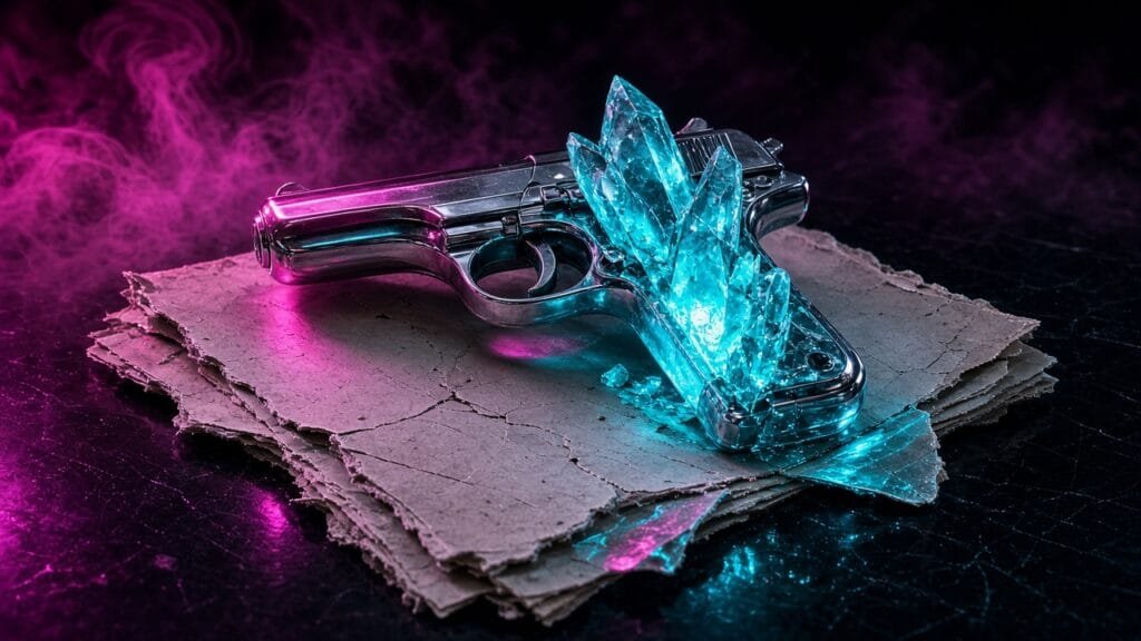 Moody 16:9 RCG comics thumbnail of a chrome 1960s spy pistol, glowing cyan crystal, and torn dossier on dark glass with magenta smoke, no text or logos.