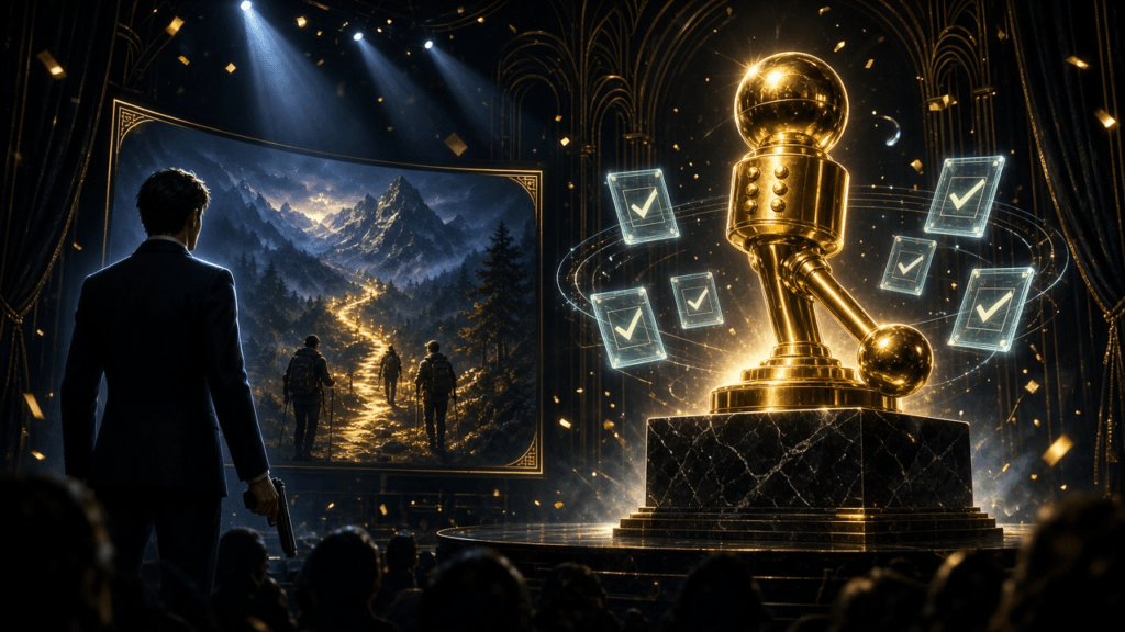 A golden joystick trophy under stage spotlights, circled by glowing checkmark ballots, with a tuxedoed secret agent silhouette watching hikers on a mountain trail on a big screen.