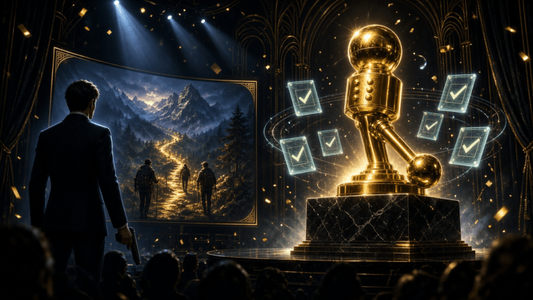 A golden joystick trophy under stage spotlights, circled by glowing checkmark ballots, with a tuxedoed secret agent silhouette watching hikers on a mountain trail on a big screen.