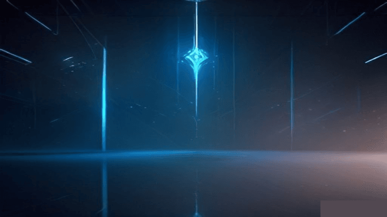 Moody 16:9 RCG gaming thumbnail of crossed glossy sky-blue fantasy blades over chrome arena gold smoke, no text or logos.