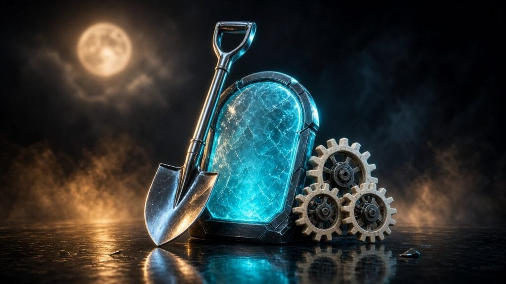 Moody 16:9 RCG gaming thumbnail of a metallic shovel, glowing tombstone, and bone gears on dark glass with amber fog, no text or logos.