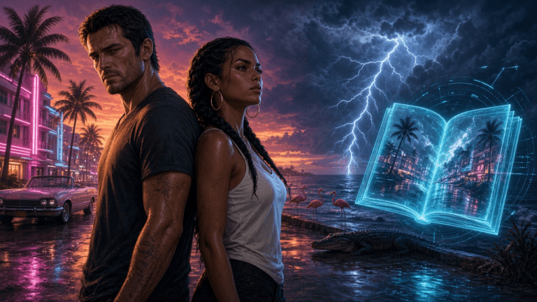 Painted key art of an outlaw couple standing back to back on a neon Miami-style beachfront at dusk, flamingos and an alligator by the water, a thunderstorm rolling in, and a glowing holographic magazine opening beside them.
