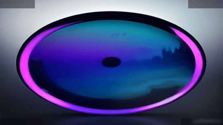 Moody 16:9 RCG gaming thumbnail of a glossy chrome vinyl hovering over neon Vice City skyline reflections and teal-magenta smoke, no text or logos.
