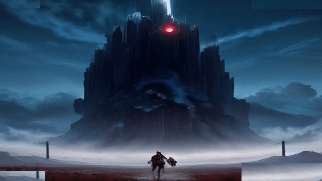Moody 16:9 RCG gaming thumbnail of a jagged dark fortress with a crimson eye-glow over misty plains, no text or logos.