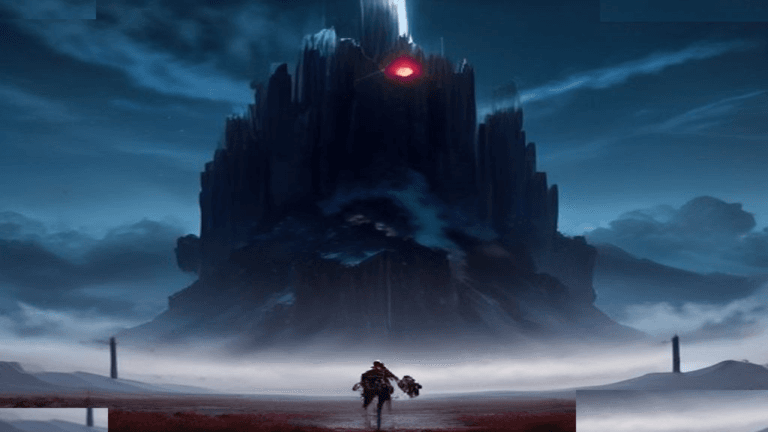 Moody 16:9 RCG gaming thumbnail of a jagged dark fortress with a crimson eye-glow over misty plains, no text or logos.