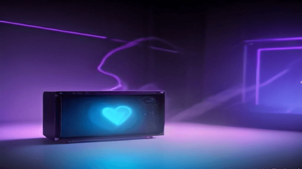 Moody 16:9 RCG gaming thumbnail of a cracked glossy neon heart-core crystal on a dark workstation amid extinguished holographic screens and cold blue smoke, no text or logos.