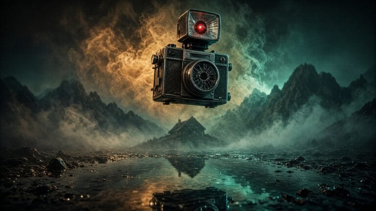 Moody 16:9 RCG gaming thumbnail of a cracked vintage flash camera over a foggy mountain-house reflection with CRT haze and cyan amber smoke, no text or logos.