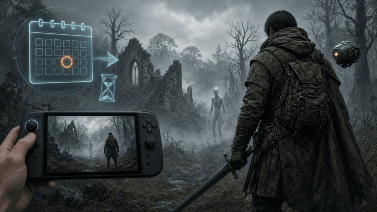 A hooded soldier with a sword and hovering drone faces a pale faceless creature in a misty ruined forest, with a handheld console showing the scene and a holographic calendar date being pushed forward.
