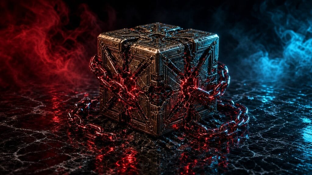 Moody 16:9 RCG gaming thumbnail of an ornate brass puzzle cube cracked open with glowing crimson chain segments on wet black marble amid red cyan smoke, no text or logos.