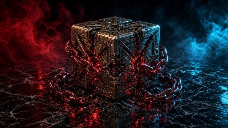 Moody 16:9 RCG gaming thumbnail of an ornate brass puzzle cube cracked open with glowing crimson chain segments on wet black marble amid red cyan smoke, no text or logos.