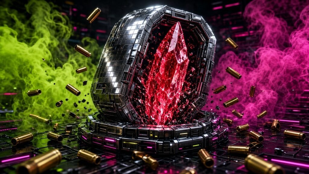 Moody 16:9 RCG gaming thumbnail of a cracked escape-pod hatch over a crimson Hostility meter shard and brass casings in neon lime-magenta smoke, no text or logos.