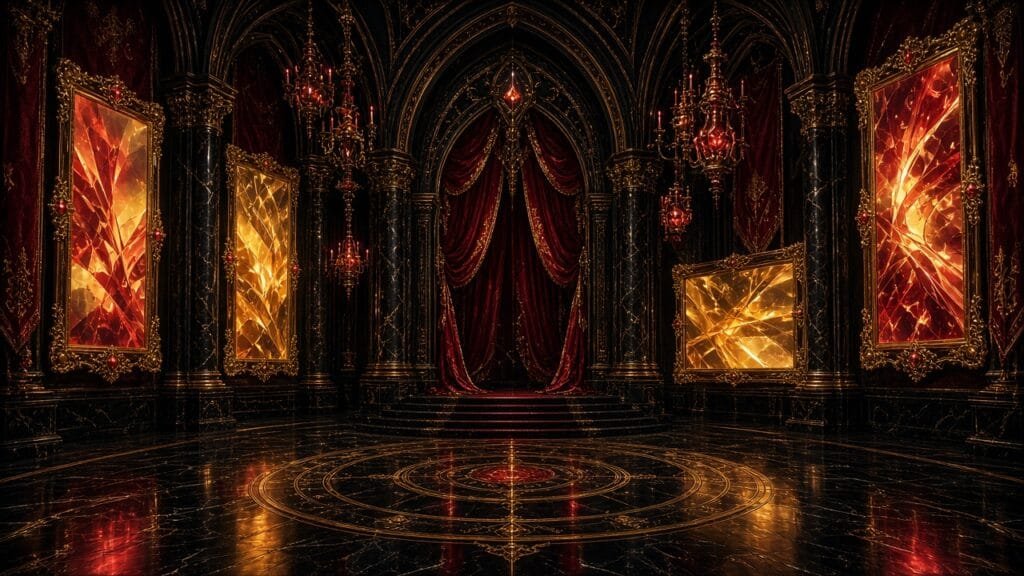 Elegant 16:9 news thumbnail of ornate Beaux-Arts hotel arches and framed glowing comic-art panels in a gilded ballroom, warm chandelier light, no text or logos.