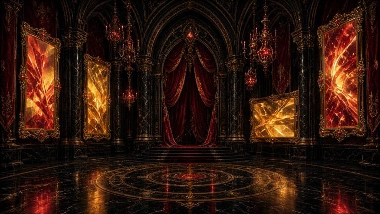Elegant 16:9 news thumbnail of ornate Beaux-Arts hotel arches and framed glowing comic-art panels in a gilded ballroom, warm chandelier light, no text or logos.