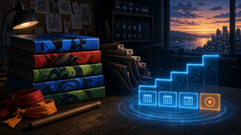 A stack of green, blue and red comics with ninja headbands and a bo staff on a publisher's desk at dusk, beside a report binder shedding its tabs and a blue hologram of quarterly calendar tiles ending in one annual tile.