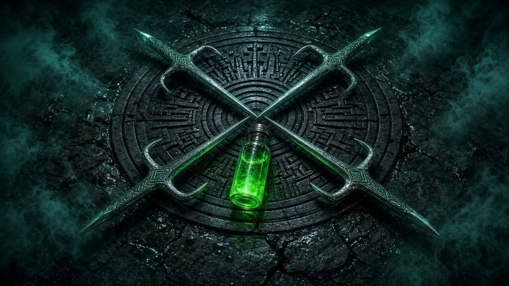Moody 16:9 RCG comics thumbnail of four interlocking ninja-sai over a cracked NYC manhole and glowing green ooze vial with teal smoke, no text or logos.