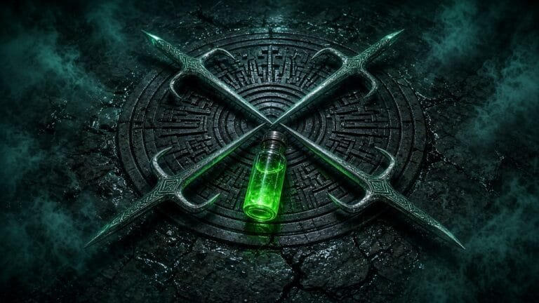 Moody 16:9 RCG comics thumbnail of four interlocking ninja-sai over a cracked NYC manhole and glowing green ooze vial with teal smoke, no text or logos.