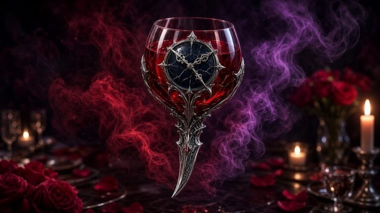 Moody 16:9 RCG comics thumbnail of a crimson wine glass fused with a silver fang and midnight clock-hand medallion over a candlelit table with rose-violet smoke, no text or logos.