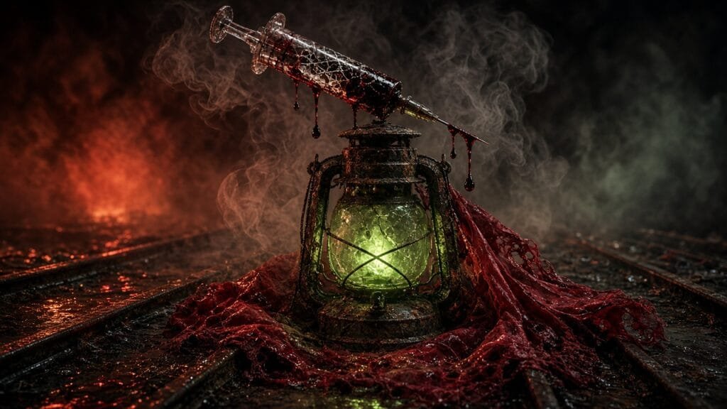 Moody 16:9 RCG comic thumbnail of a cracked syringe dripping black-red ichor over a rusted mining lantern and torn veil in blood-amber fog, no text or logos.