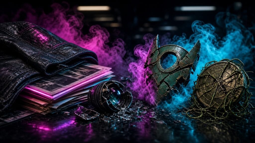 Moody 16:9 RCG comic thumbnail of a cracked PI jacket over a neon dossier with Latveria-green and Savage Land bronze shards in magenta-cyan smoke, no text or logos.