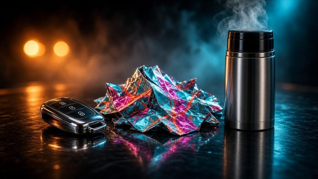 Moody 16:9 RCG gaming thumbnail of a chrome car key fob, neon map shards, and thermos on dark dashboard glass in amber cyan smoke, no text or logos.