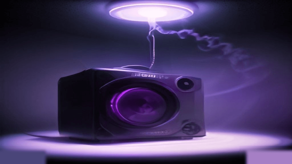 Moody 16:9 RCG gaming thumbnail of a chrome 1980s boombox fused with a glowing black-glass occult sigil under magenta-purple smoke, no text or logos.