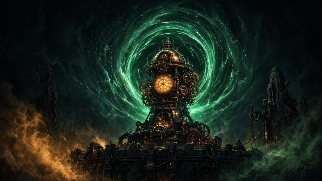 Moody 16:9 RCG gaming thumbnail of a glowing medieval clock-tower siege engine fused with a time portal and copper turret gears, no text or logos.