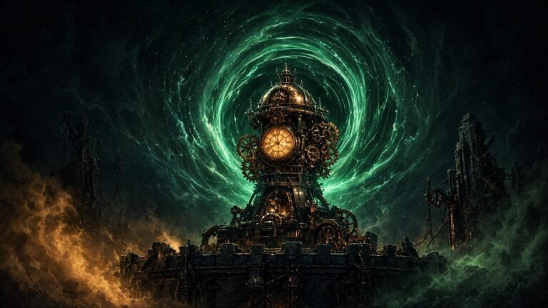 Moody 16:9 RCG gaming thumbnail of a glowing medieval clock-tower siege engine fused with a time portal and copper turret gears, no text or logos.