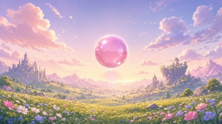 Soft pink glowing energy orb hovering above an open meadow horizon under a dreamland sky glow, symbolic free-roam mood, no text or logos.