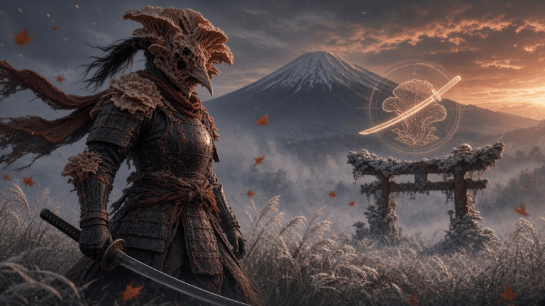 A lone female samurai in dark armor with a split, fungus-covered helmet stands katana drawn in a misty pampas-grass field, with a fungus-covered torii gate and a snowy volcano under an amber sky.