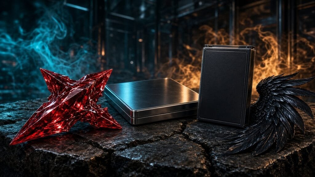 Moody 16:9 RCG gaming thumbnail of a glossy crimson Soul Reaver crystal blade fragment and blank SteelBook silhouette with a code-in-box sleeve in cyan amber gothic smoke, no text or logos.